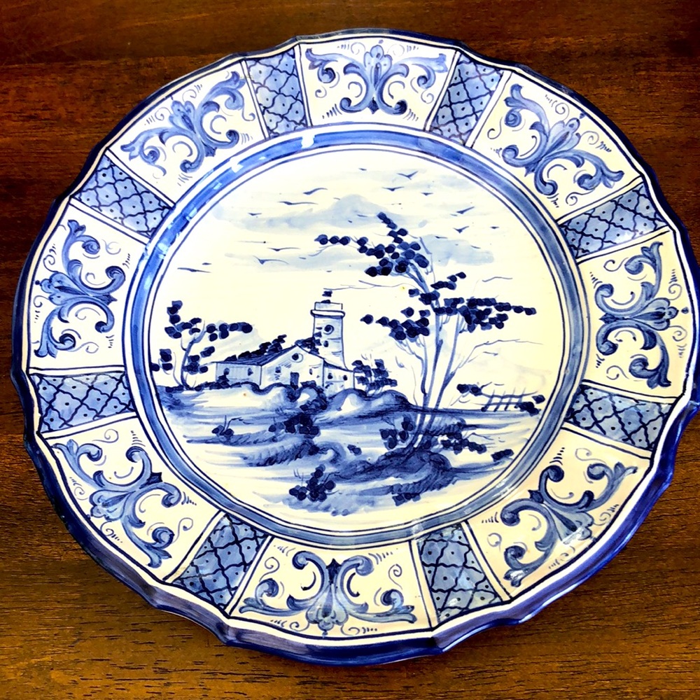 Vintage Deruta Blue & White Lighthouse Decorative Wall Plate